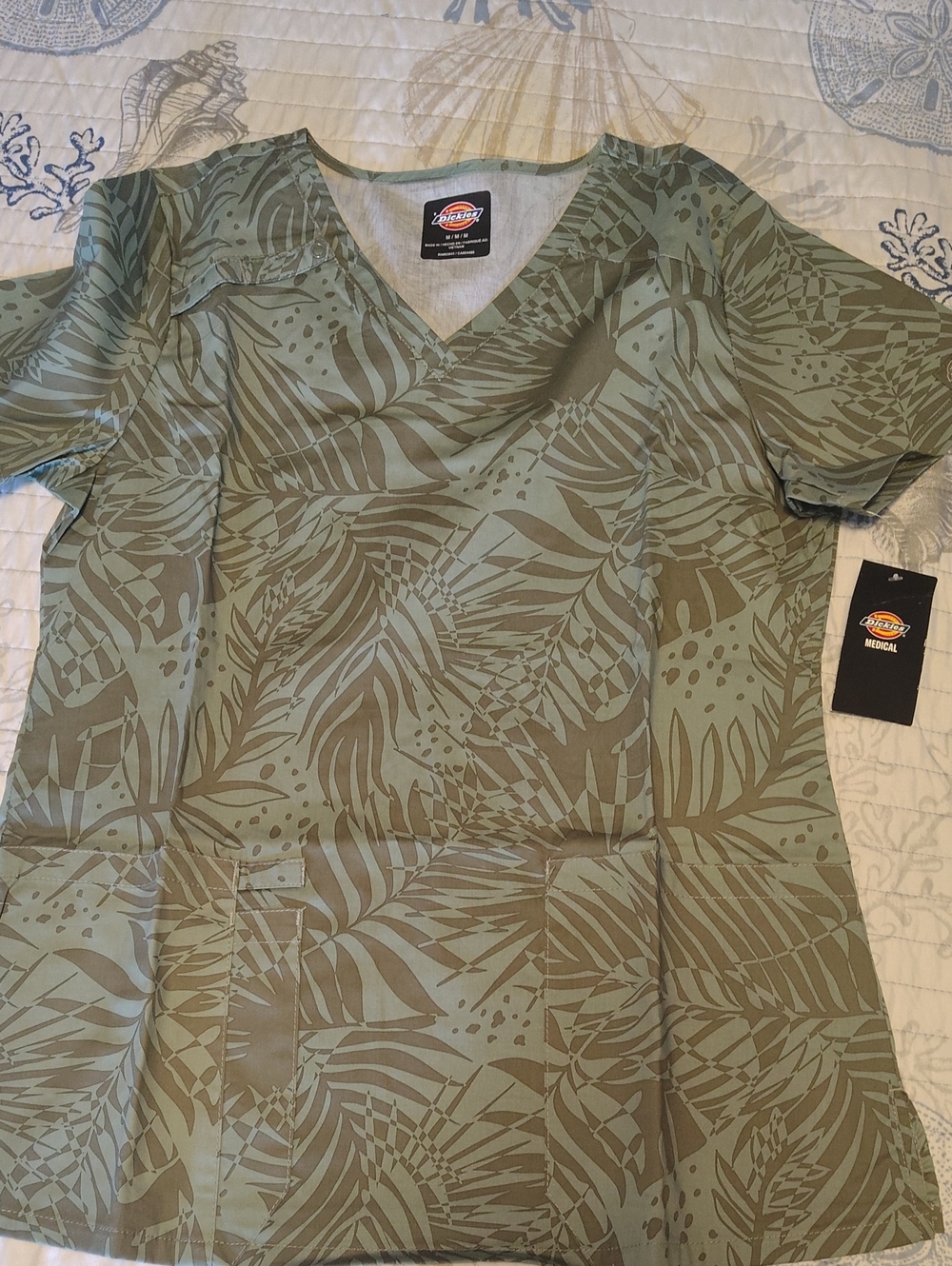 Dickies Olive and Sage Leaf-Print V-Neck Scrub Top